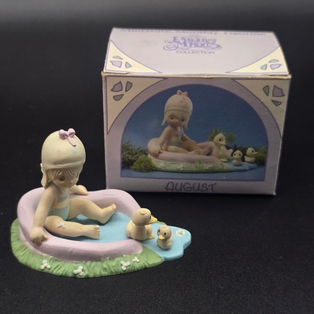 Precious Moments August Miniature Monthly Figurine Girl in Pool with Ducks 1989